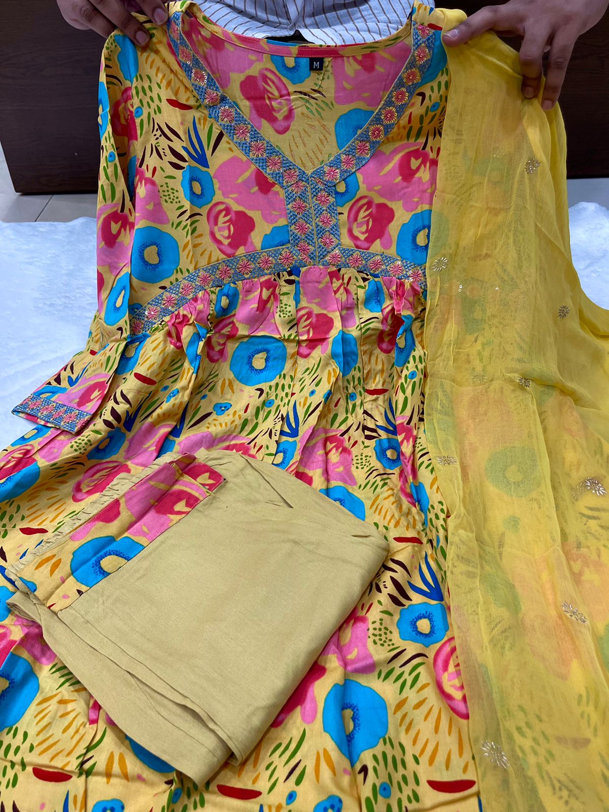 Yellow Floral Alia Cut Kurti With Pant And Dupatta Catalogue